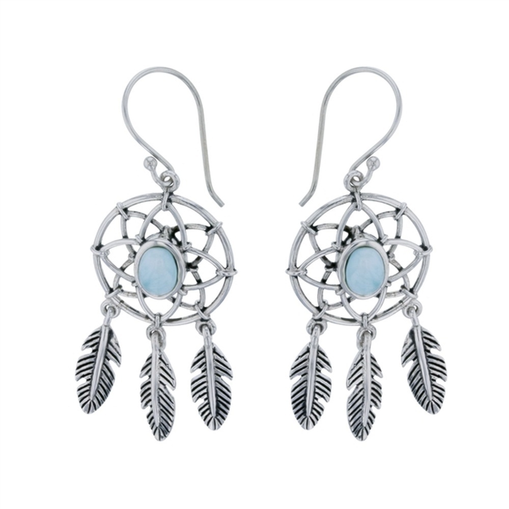 925 Sterling Silver Larimar Oval Shape Cutout Floral Dangling Leaves Earrings